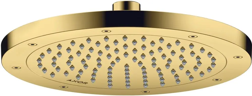 Kopfbrause mit runder, goldfarbener Oberfläche und gleichmäßig verteilten Düsen. Modell von AXOR zur Wandmontage.